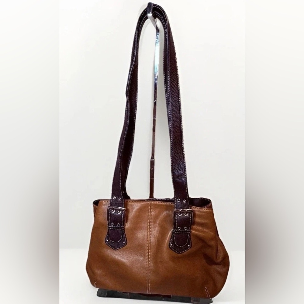 NWOT Tiganello Genuine Leather Med Brown/Dark Brown with Silver Shoulder Bag.